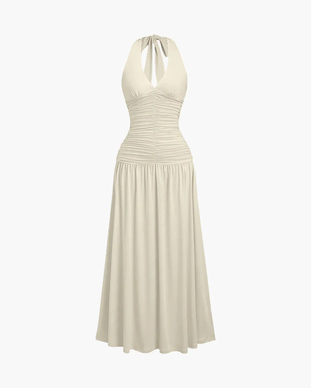 Ruched Halter Neck Backless Midi Dress in Beige