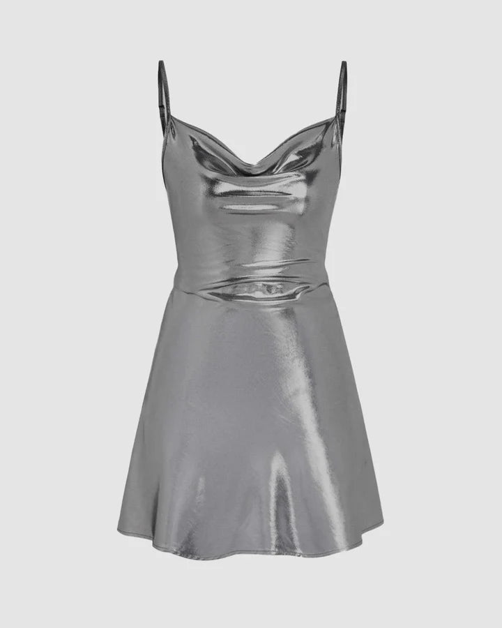 Metallic Cowl Neck Mini Dress