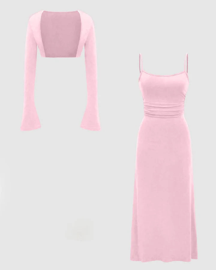 Two Piece Set : Solid Color Flare Sleeve Shrug Top And Cami Dress In Baby Pink