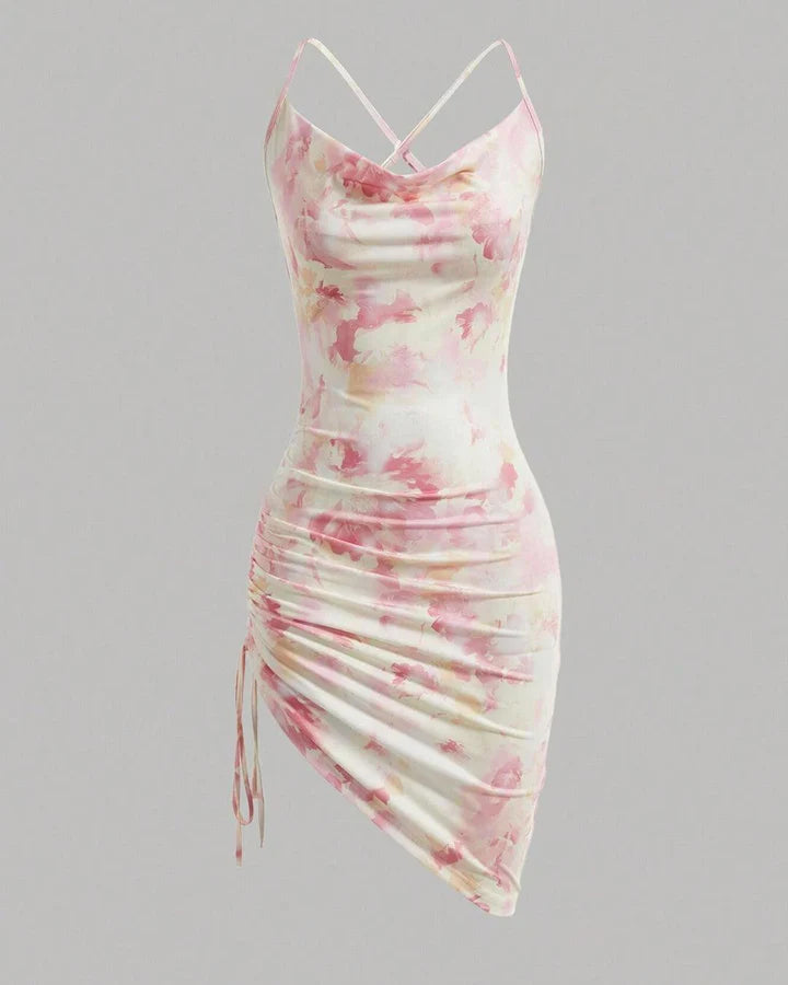 Floral Print Draped Neckline Mini Bodycon Dress