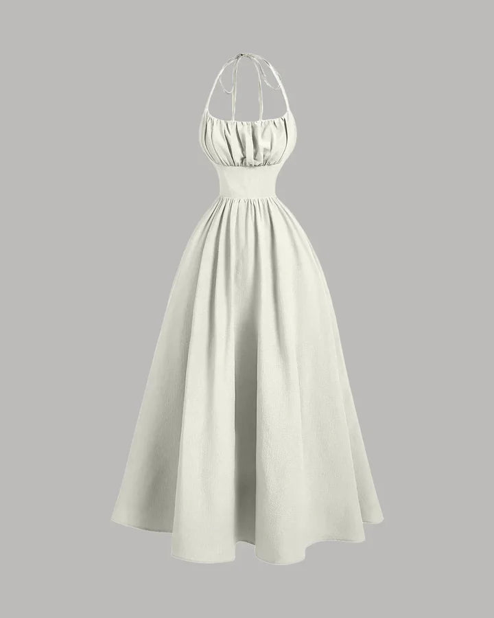 Back Tie Halter Neck Gathered Midi Dress in Cream