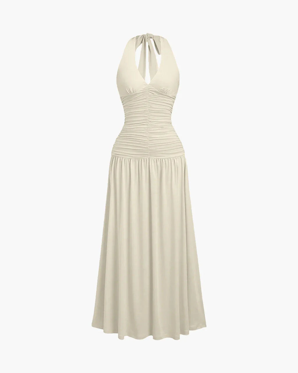 Ruched Halter Neck Backless Midi Dress in Beige