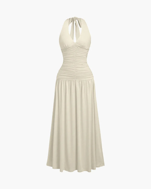 Ruched Halter Neck Backless Midi Dress in Beige