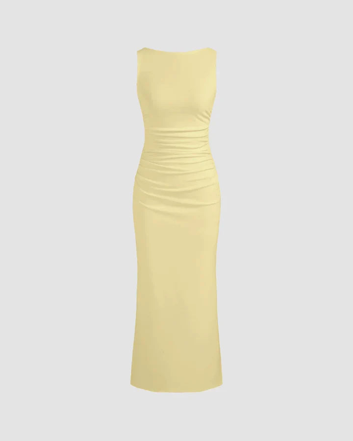 Sleeveless Boat Neck Draped Midi Dress In Vanilla