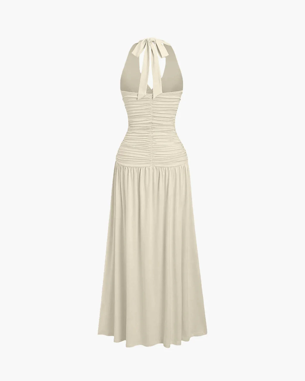 Ruched Halter Neck Backless Midi Dress in Beige