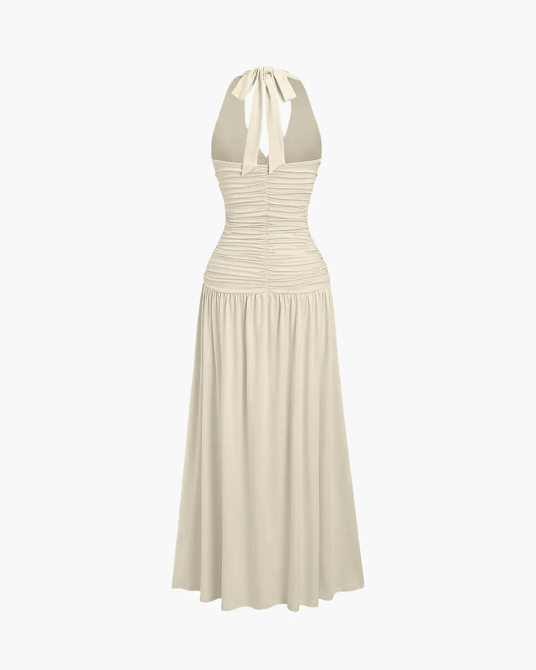 Ruched Halter Neck Backless Midi Dress in Beige