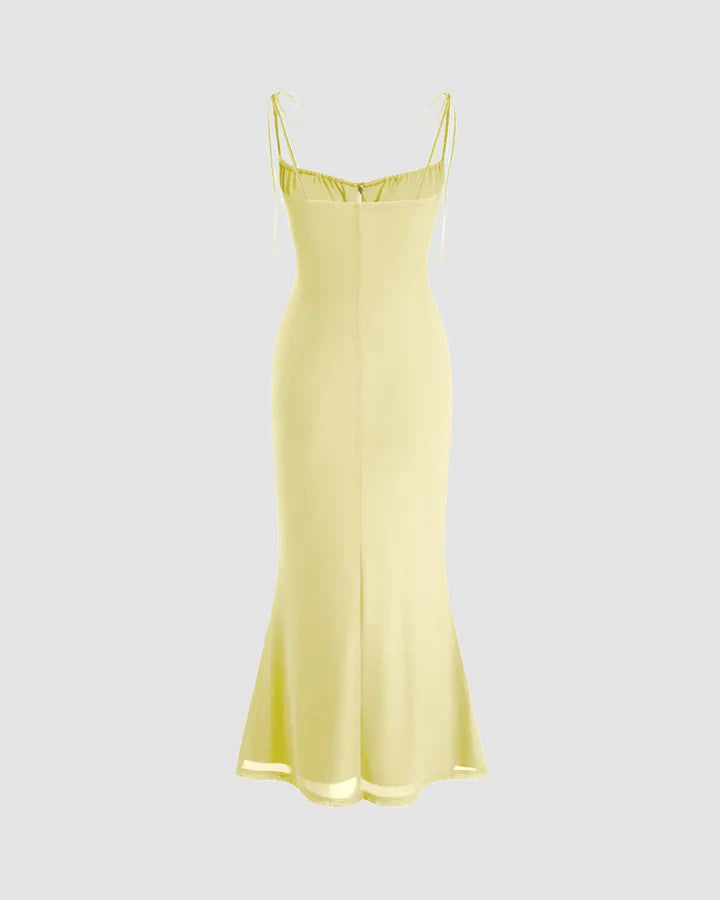 Tie Strap Ruched Bust Mermaid Hem Dress in Vanilla