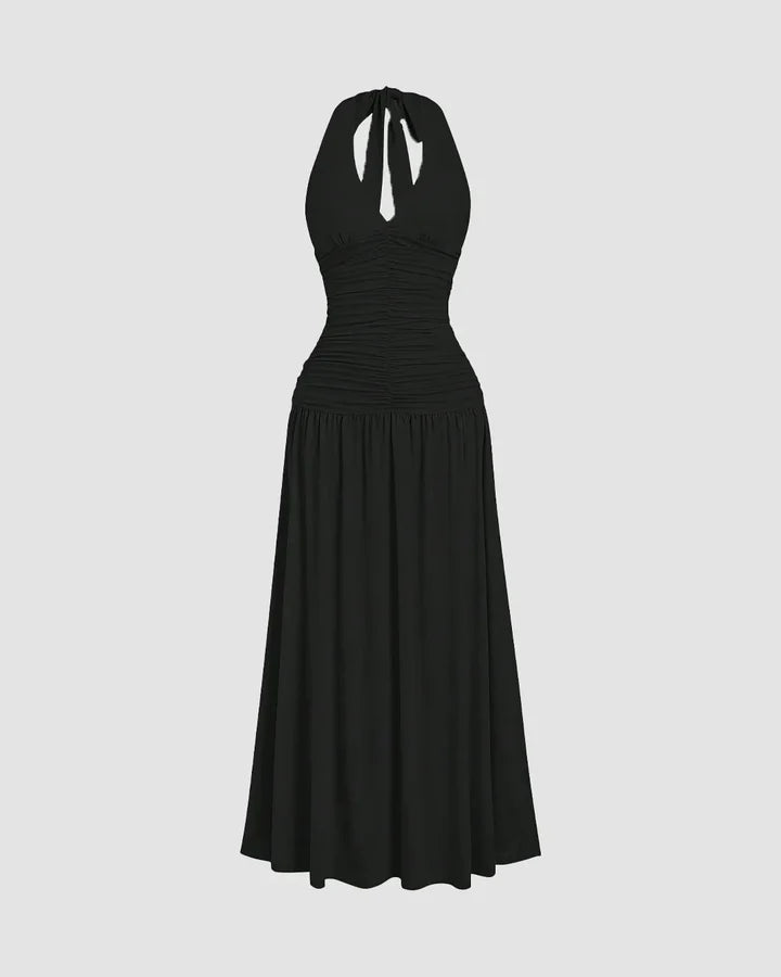 Ruched Halter Neck Backless Midi Dress in Blac