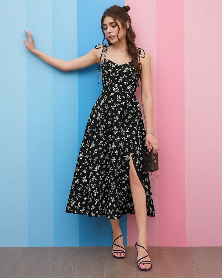 Floral Print Knotted Spaghetti Strap Cami Dress