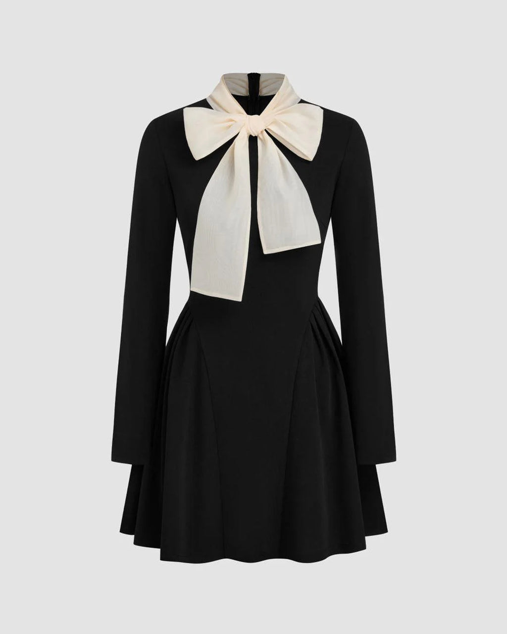 High Neck Solid Knotted Ruffle Hem Long Sleeve Mini Dress