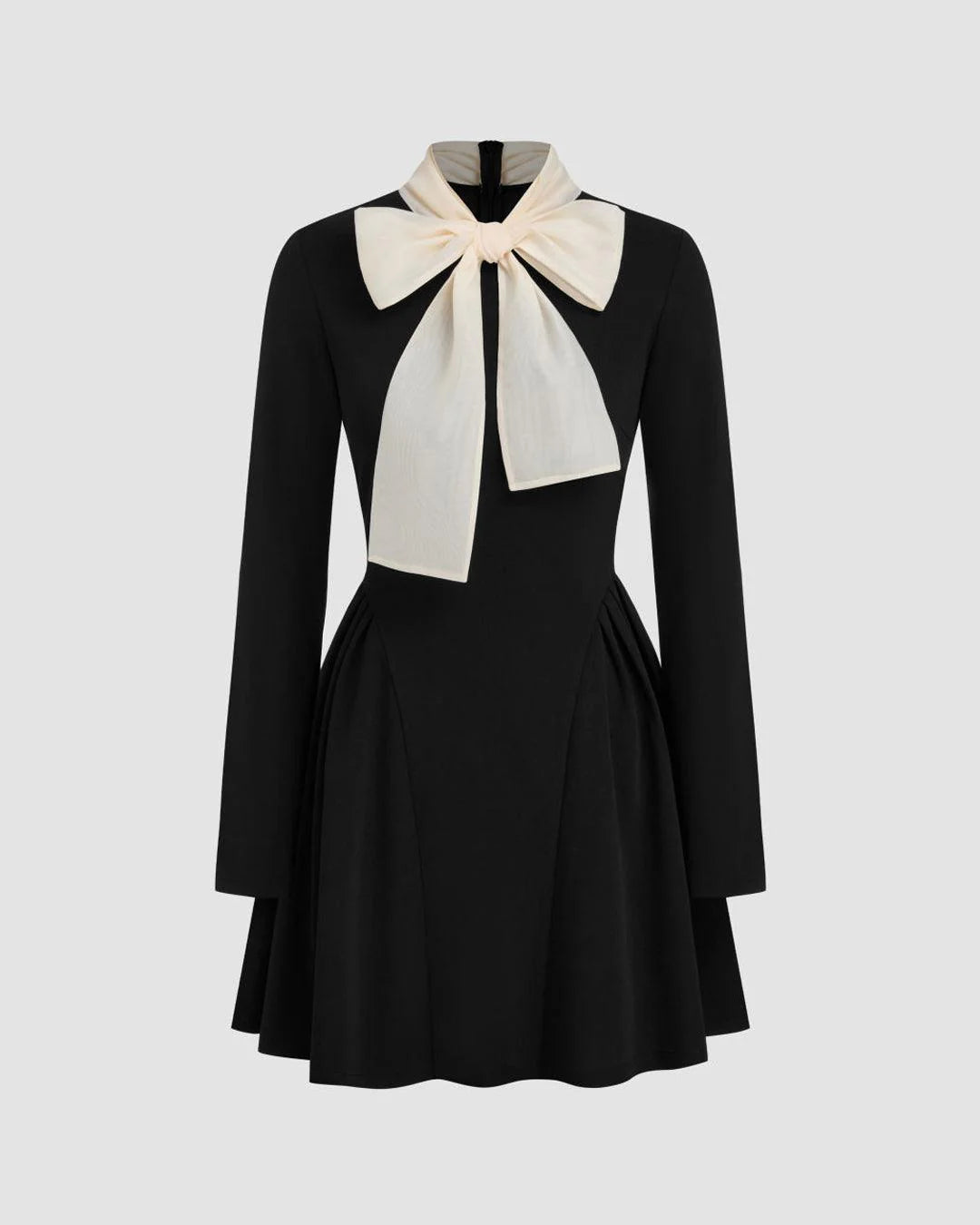 High Neck Solid Knotted Ruffle Hem Long Sleeve Mini Dress