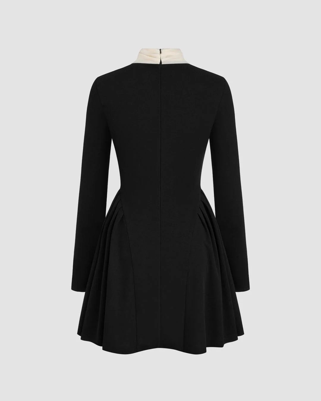 High Neck Solid Knotted Ruffle Hem Long Sleeve Mini Dress