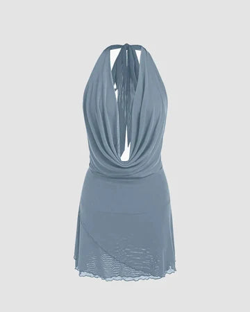 Mesh Halter Knotted Cowl Neck Mini Dress In Dusty Blue