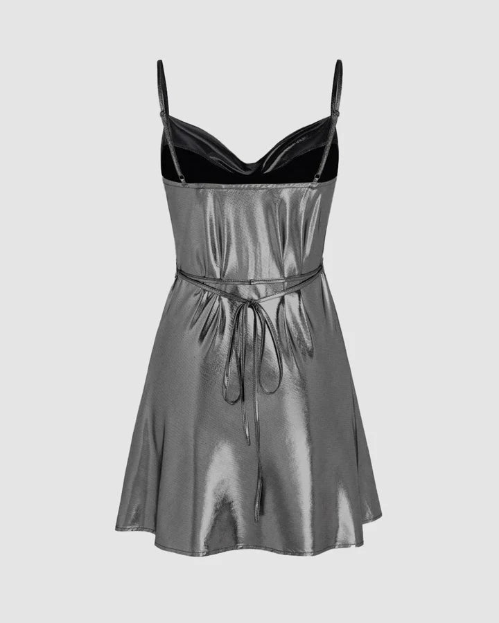 Metallic Cowl Neck Mini Dress