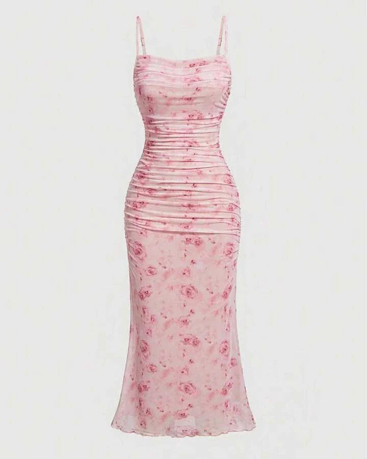 Ruched Bodycon Dress With Floral Print And Spaghetti Straps