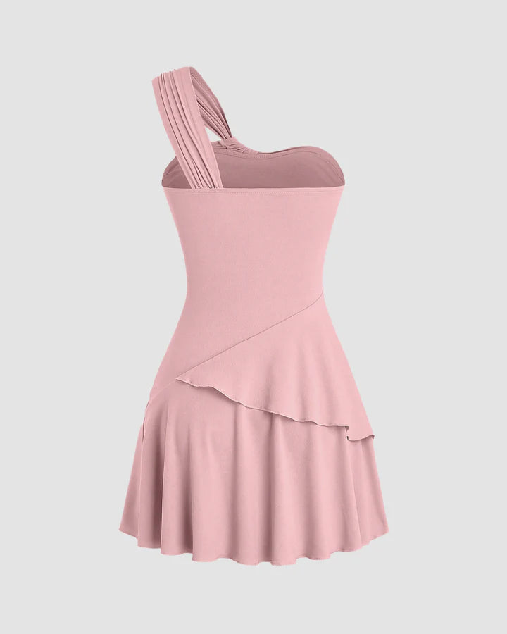 One Shoulder Ruched Layered Mini Dress in Dusty Pink
