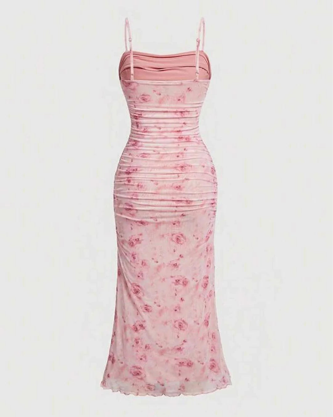Ruched Bodycon Dress With Floral Print And Spaghetti Straps