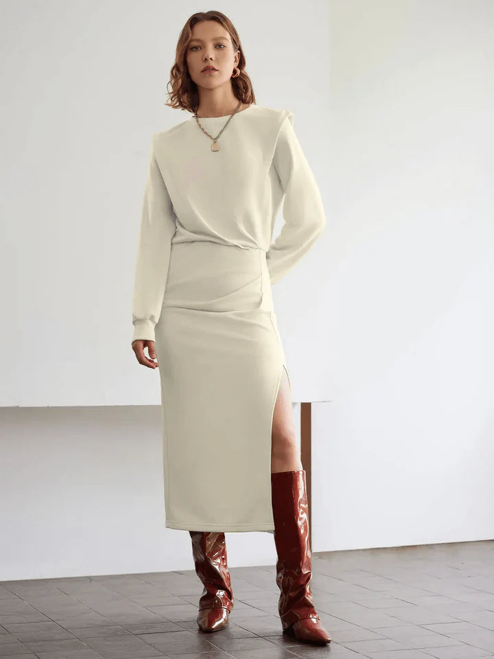 Pocket Split Ruched Maxi Dress In Off-White