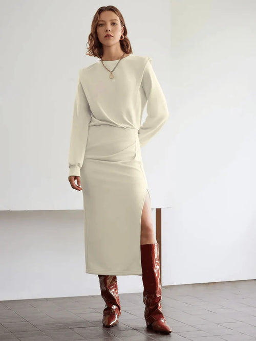 Pocket Split Ruched Maxi Dress In Off-White