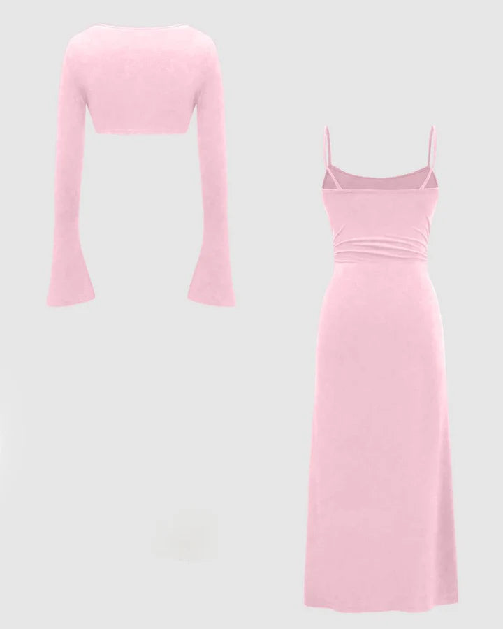 Two Piece Set : Solid Color Flare Sleeve Shrug Top And Cami Dress In Baby Pink
