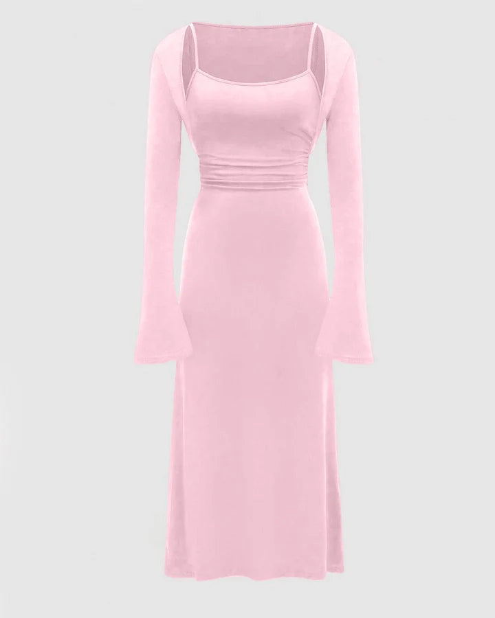 Two Piece Set : Solid Color Flare Sleeve Shrug Top And Cami Dress In Baby Pink