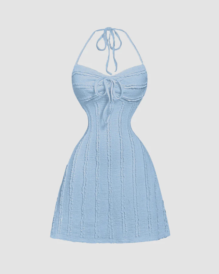 Knitted Halter Neck Back Tie Mini Dress in Dusty Blue