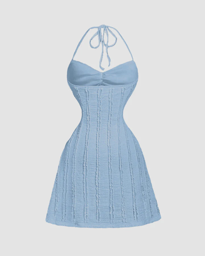 Knitted Halter Neck Back Tie Mini Dress in Dusty Blue