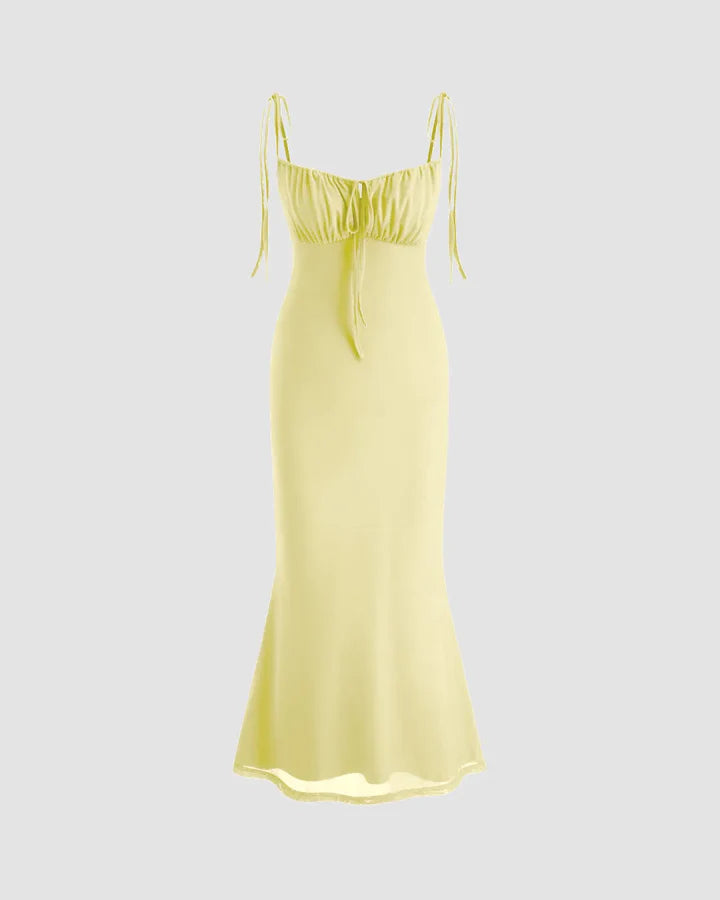 Tie Strap Ruched Bust Mermaid Hem Dress in Vanilla