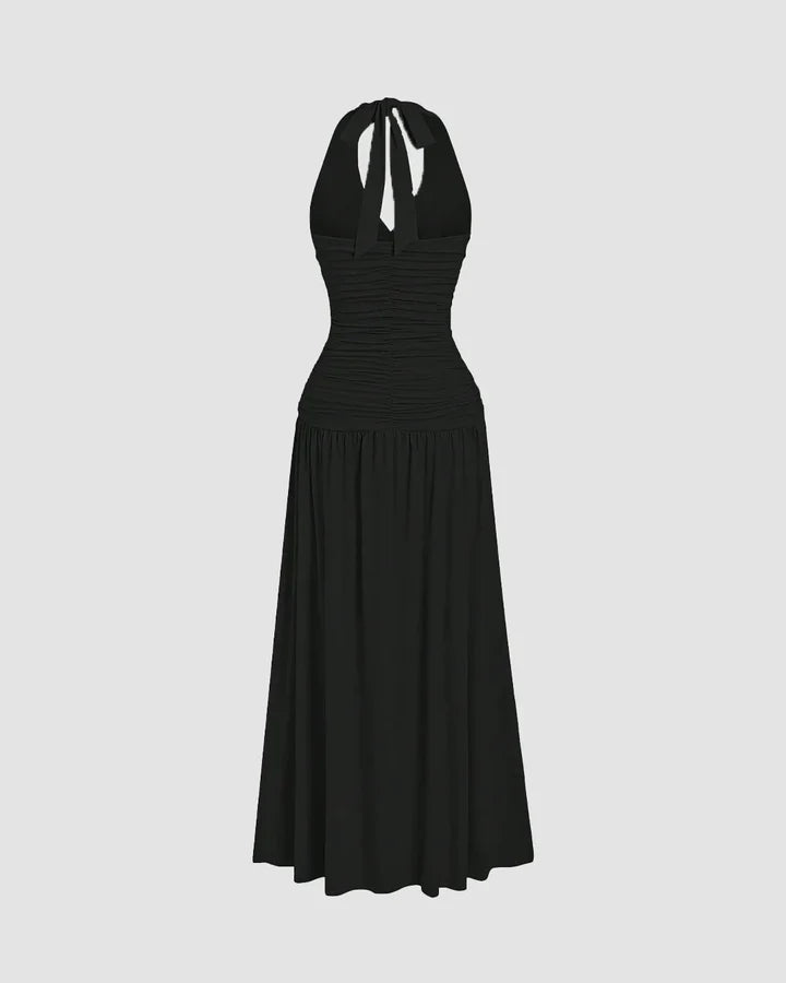 Ruched Halter Neck Backless Midi Dress in Blac