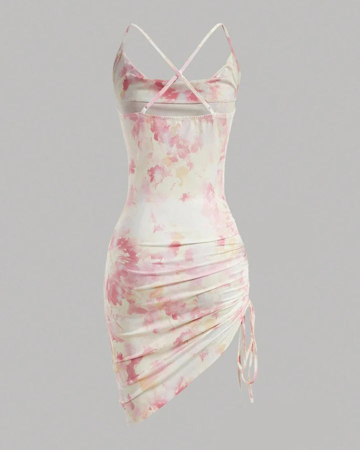 Floral Print Draped Neckline Mini Bodycon Dress