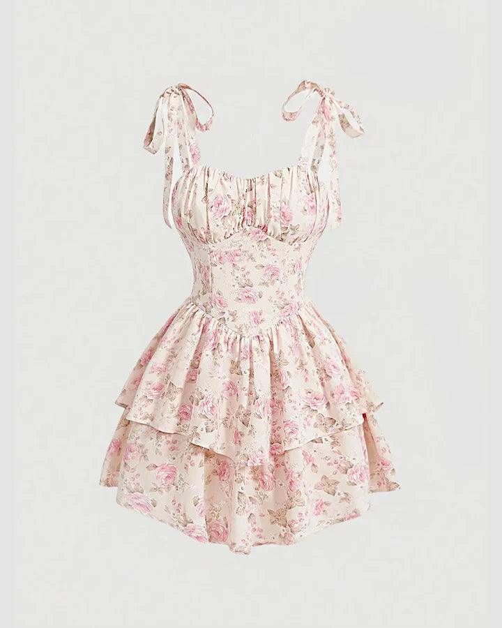 Sweetheart Neckline Ruched Bust Floral Dress With Shoulder Ties