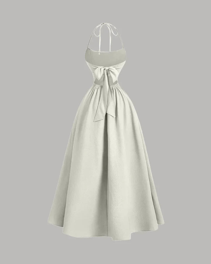 Back Tie Halter Neck Gathered Midi Dress in Cream