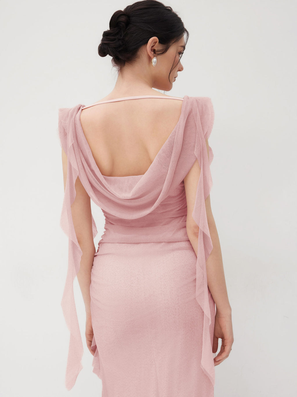 Cowl Neck Solid Ruffle Hem Ruched Maxi Dress In Pink