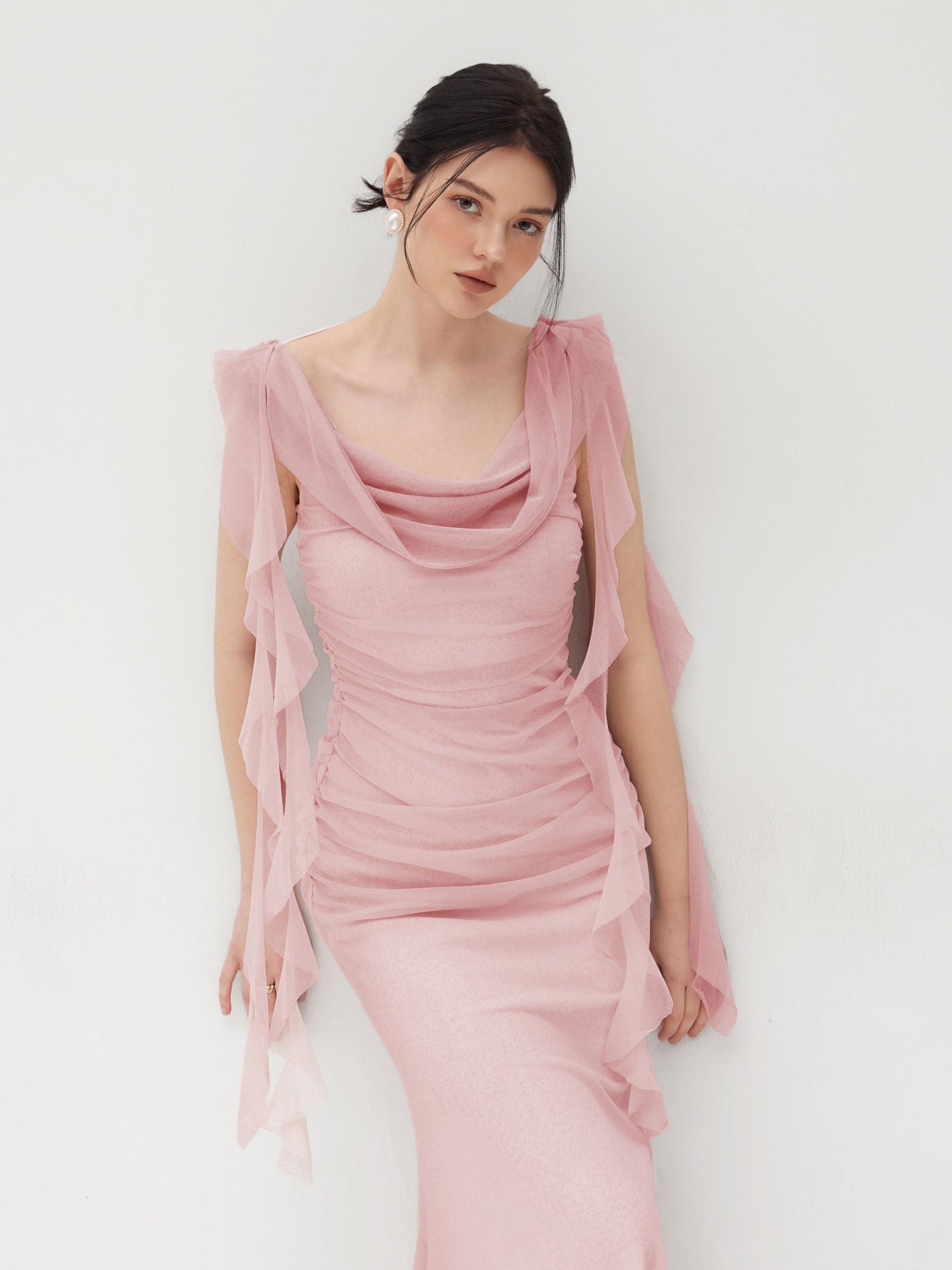 Cowl Neck Solid Ruffle Hem Ruched Maxi Dress In Pink