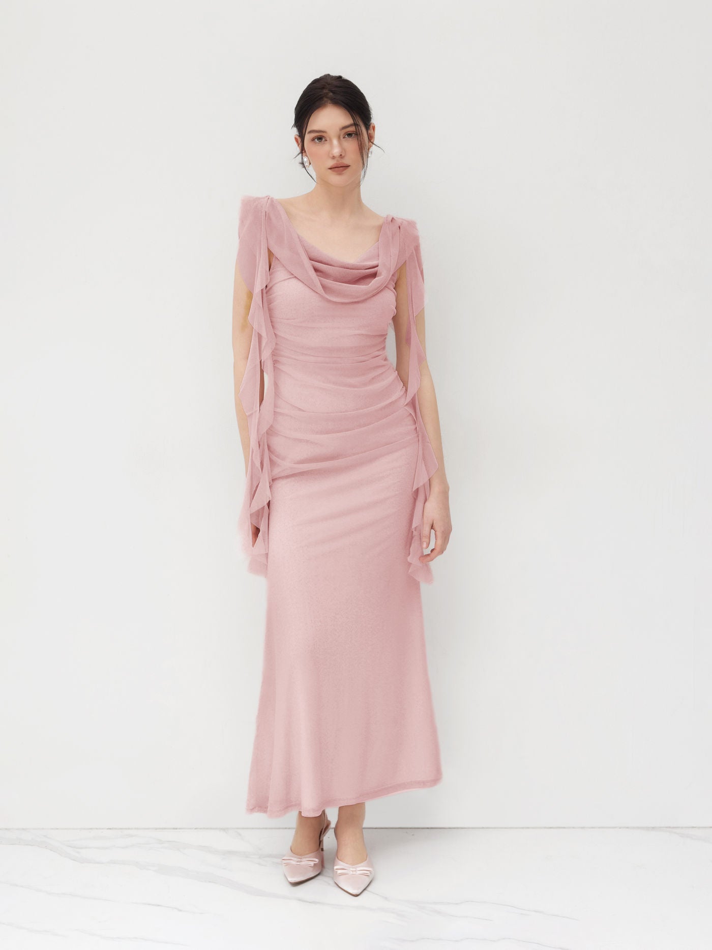 Cowl Neck Solid Ruffle Hem Ruched Maxi Dress In Pink